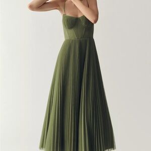 Hutch Olive Green Pleated Midi Dress